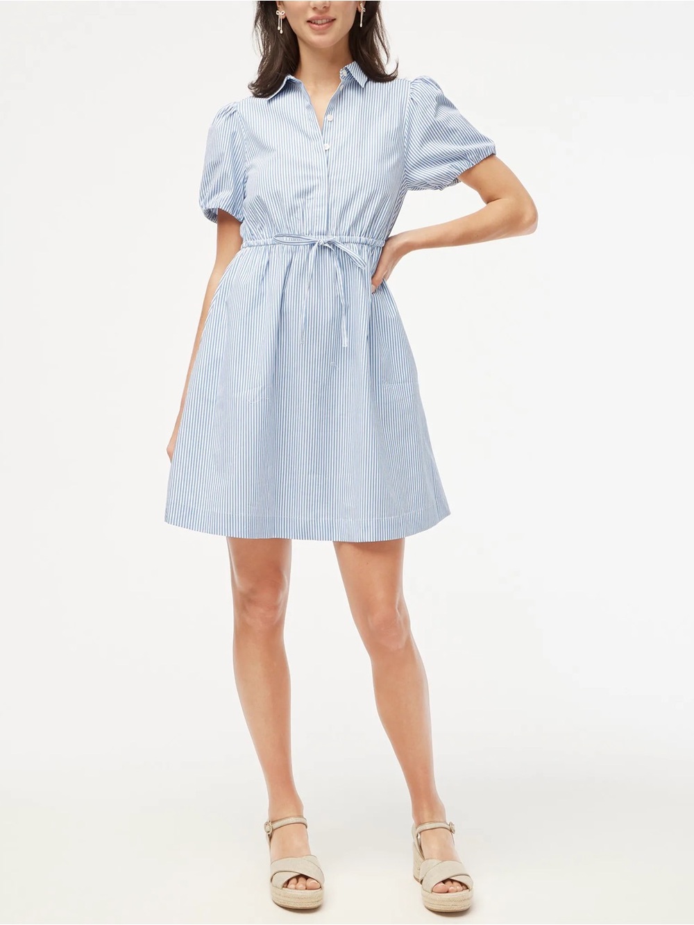 J Crew Short Puff Sleeve Tie Waist Collared Mini Dress 6 Blue White Stripes